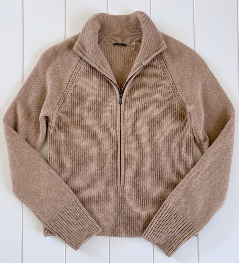 Elie Tahari 100% Cashmere Half Zip Sweater‎ Beige Neutral High Mock Neck XS